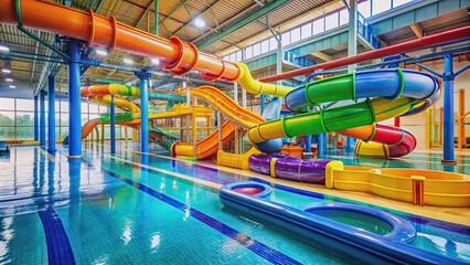 Naklejka premium Indoor water park with colorful slides and floating toys, water park, indoor, slides, colorful, fun, entertainment, family