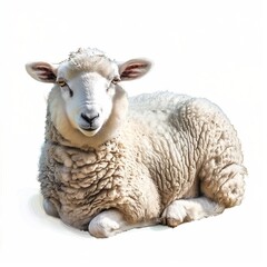 Close-Up Photograph of a Resting Sheep with White Wool on a Clean White Background
