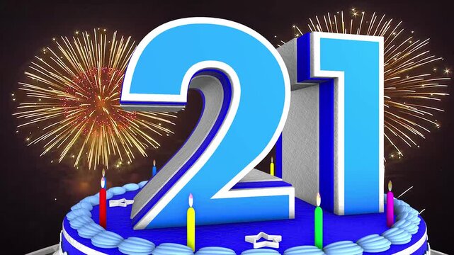 21 years, 21st birthday kids, children cake animation 3d render with confetti and balloon background. 4k
