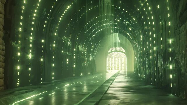 A tunnel brightly lit with streams of binary code flowing, creating a futuristic and dynamic atmosphere, Streams of binary code flowing through a futuristic tunnel