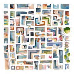 Watercolor painting of an intricate maze of city streets and buildings, on isolated white background, Generative AI
