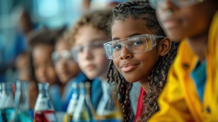 A group of diverse students engaged in a science experiment, capturing the excitement and wonder of hands-on learning in a vibrant classroom setting