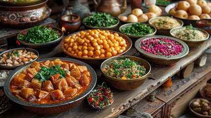 Obraz premium A Rustic Table Filled with Middle Eastern Dishes