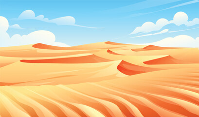 Desert landscape with sand dunes and blue sky. Nature background cartoon vector illustration