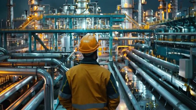 A worker examines an industrial pipeline with a petroleum engineer from an upstream oil and gas production facility. Engineers oversee production in engineering plants.