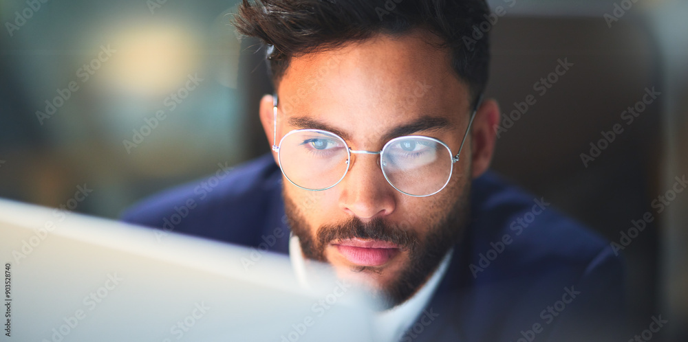 Poster Thinking, night and man with glasses, laptop and test of software for cybersecurity, programmer and office. Serious, vision and employee for coding of website, IT and information technology in dark