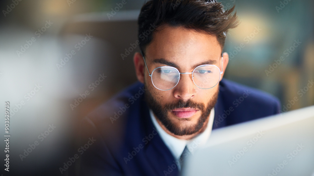 Aufkleber serious, night and man with glasses, laptop and test of software for cybersecurity, programmer and o