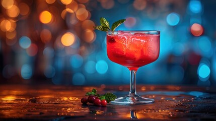Red Cocktail with Mint Garnish and Ice on Bar Counter