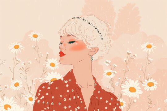 Chinese minimalism illustration, portrait of a European woman with short platinum blonde hair styled in a textured pixie cut with a beaded headband, wearing a boho blouse, flat illustration 