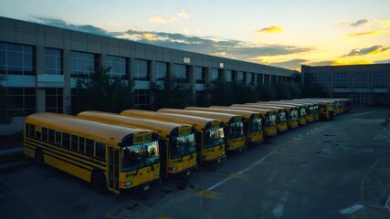A fleet of bright yellow school buses lined up in front of a school, symbolizing the start of a new academic year and the excitement of back to school season