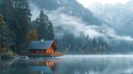 Calm and natural beauty emanate from an idyllic lakeside cabin tucked away among misty, forested mountains under a clear sky