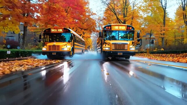 A dynamic image captures multiple school buses in motion against a backdrop of colorful fall leaves, representing renewed energy and learning opportunities as students head back to class