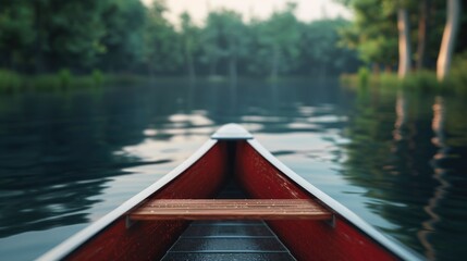 Serene and peaceful canoe ride on a tranquil river surrounded by lush forested banks in a scenic summer landscape setting  Depth of field creates a calming immersive atmosphere for an exploratory