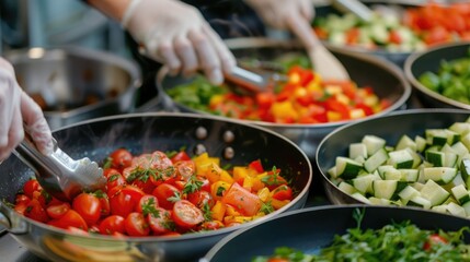 Obraz premium Image of a cooking class for seniors where healthy nutritious recipes are being demonstrated by a professional chef or instructor The scene has a blurred background with various pots pans