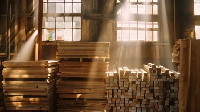 A pile of wood stacked neatly inside a warehouse, illuminated by sunlight streaming through dusty windows, Sunlight filtering through dusty windows onto neatly organized lumber