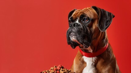 Fototapeta premium Boxer dog eating dog food , studio shot isolated on single color background ,editorial style, shoot by DSLR.