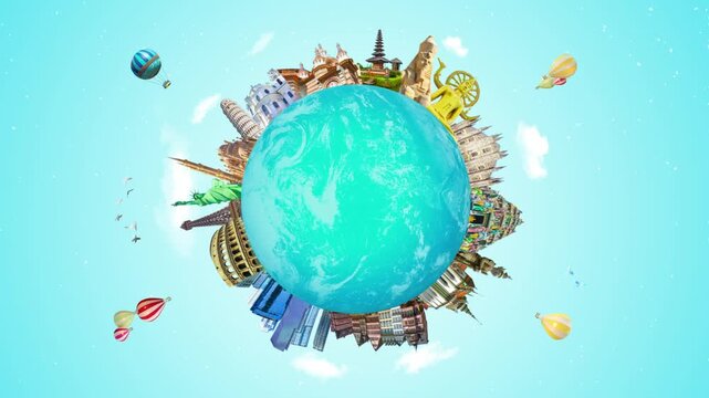 2D animation of world religious and architecture monuments - collage or globe from different religions from Bali, Thailand, Cambodia at Asia and Europe. Travel and tourism with famous world landmarks.
