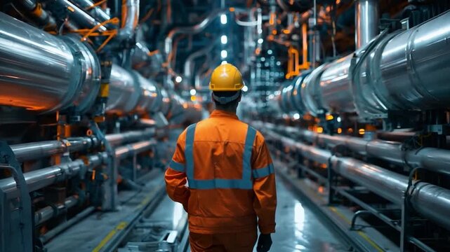 Back view of a male engineer inspecting an industrial pipeline and crude oil drilling platform in a large factory located behind an upstream underwater crude oil and gas processing plant.
