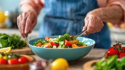 Elderly couple enjoying a nutritious homemade salad they prepared together in their bright well equipped kitchen  The scene conveys a sense of healthy active lifestyle culinary fulfillment