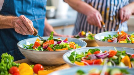 Elderly couple sitting at a wooden table smiling as they savor and enjoy the fresh nourishing salads they have prepared themselves in their kitchen  The salads are filled with a variety of colorful