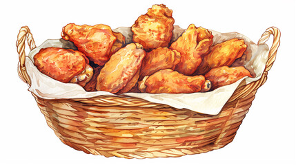 Watercolor Basket of Crispy Fried Chicken Drumsticks