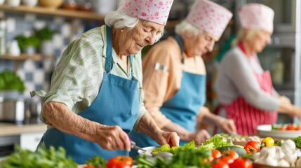 Nutritional guidance and cooking skills being provided to senior citizens during an educational cooking class with a depth of field effect highlighting the hands on food process