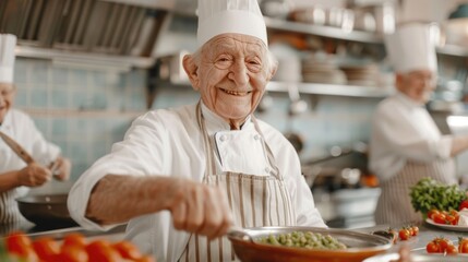 Portrait of a smiling elderly man wearing a chef s hat intently focused on the culinary arts and enjoying the process with a sense of creativity and passion