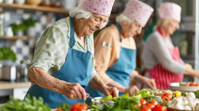 Nutritional guidance and cooking skills being provided to senior citizens during an educational cooking class with a depth of field effect highlighting the hands on food process