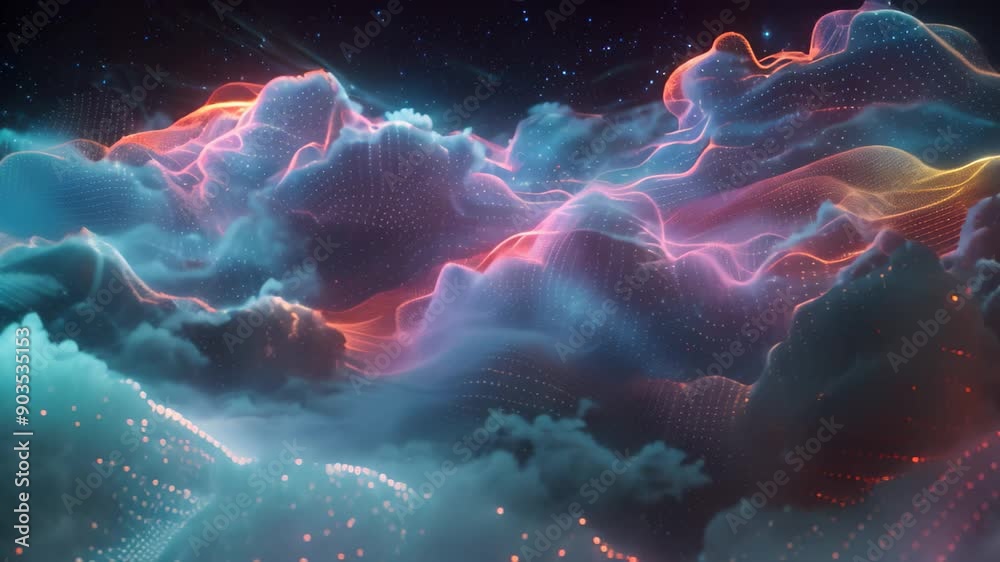 Poster technological advancements represented by a computer-generated simulation of clouds and stars, techn