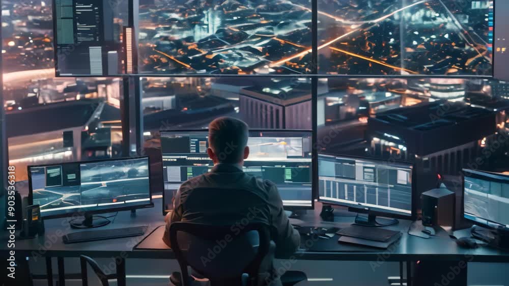 Poster man sitting at desk in front of multiple computer monitors, the advanced control center of a smart c