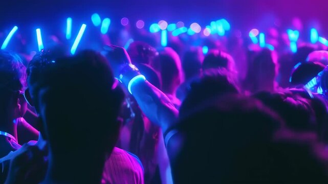 A vibrant crowd of young adults, likely multicultural, enjoying a night out at a nightclub. Neon lights and glow sticks illuminate the scene, creating a lively atmosphere. The crowd appears energized
