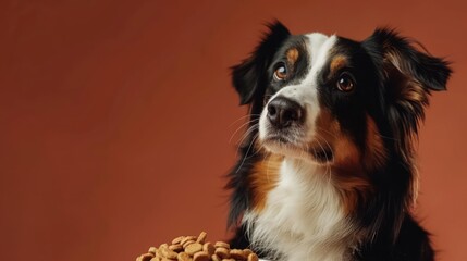 Fototapeta premium Australian Shepherd dog eating dog food , studio shot isolated on single color background ,editorial style, shoot by DSLR.