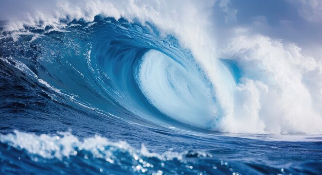 Massive Ocean Wave Crashing in Blue Water