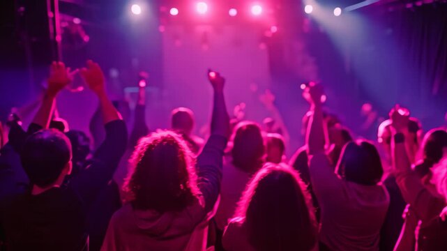 A group of people standing in a dark room with hands raised in the air, cheering and applauding, The audience's cheers and applause are deafening as the performance reaches its climax