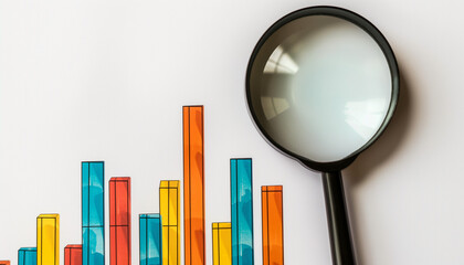 Colorful bar graphs under a magnifying glass on a white background, representing analytical work and data analysis.