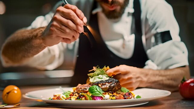 A chef skillfully prepares a dish on a plate, artfully drizzling sauce in a zigzag pattern, The chef artfully drizzles a sauce in a zig-zag pattern on the finished dish