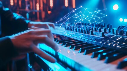 A person’s hands play a synthesizer, their fingers moving across the keys. A digital interface projects a network of lights above the keyboard. Evening, modern, artistic, and imaginative mood. - Powered by Adobe