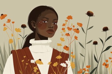 Chinese minimalism illustration, portrait of an African-American woman with straight auburn hair wearing a contemporary boho vest over a fitted turtleneck, flat illustration 