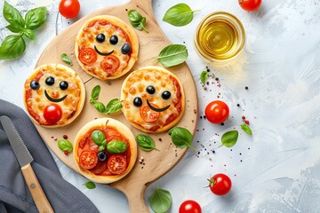 Mini pizzas with toppings forming happy faces, Adorable food, Fun dinner for kids