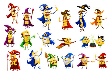 Cartoon Halloween pasta wizard and witch, sorcerer and mage characters. Italian cuisine food vector personages. Cute macaroni with magic hat, wand, magician cape and fireball, witch cauldron and broom
