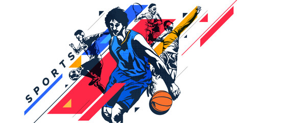 Banner template for national sports day football, basketball, tennis and volleyball background. world sports celebration