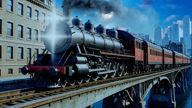 Locomotive train crossing a bridge in the heart of a bustling city, urban and dynamic scene, seamless looping animation time lapse 4K