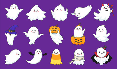 Cartoon funny kawaii Halloween ghost characters and monsters, holiday horror night vector icons. Scary spooky white ghosts with boo faces in pumpkin with witch hat as zombie or vampire for Halloween