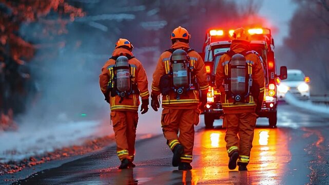 At the scene of the accident, the paramedic mobile car medical emergency team successfully saved lives and worked as a happy team.