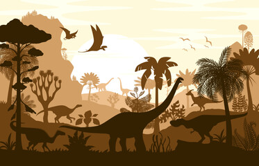 Dinosaur silhouettes, vector shadow scene of jurassic prehistoric landscape. Dino animals and ancient flora with palm trees and ferns under a large sunset sun, monochromatic background in brown colors © Vector Tradition