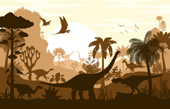 Dinosaur silhouettes, vector shadow scene of jurassic prehistoric landscape. Dino animals and ancient flora with palm trees and ferns under a large sunset sun, monochromatic background in brown colors