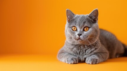 Obraz premium Close-up Portrait of a Gray Cat with Bright Yellow Eyes on an Orange Background