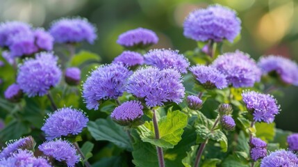 Obraz premium Ageratum mexicanum flowers close up in a garden horizontal image