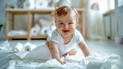 Fototapeta premium Crawling baby playing with toilet paper scattered on the floor.