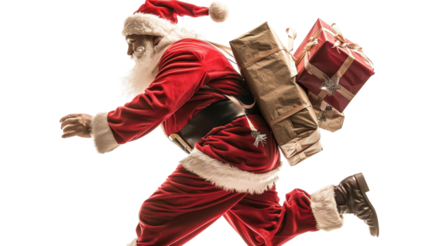 Santa deliver Christmas presents on transparent background
